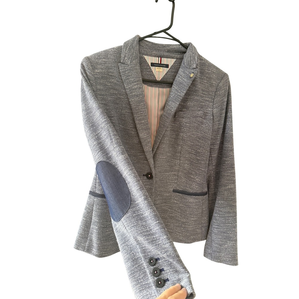 Tommy Hilfiger Blue Marl Knit Blazer Elbow Patches Size 4 Preppy Jacket Blazer